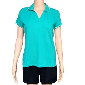 St Johns Bay Womens Polo T Shirt Top Collared Short Sleeve Teal Green White MP